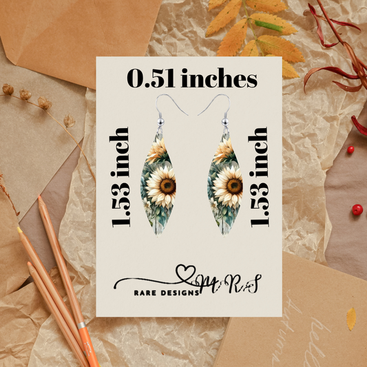 Rustic Sunflower Patchwork Sublimation Earrings — Leaf/Marquise, 1.53″ x 0.51″