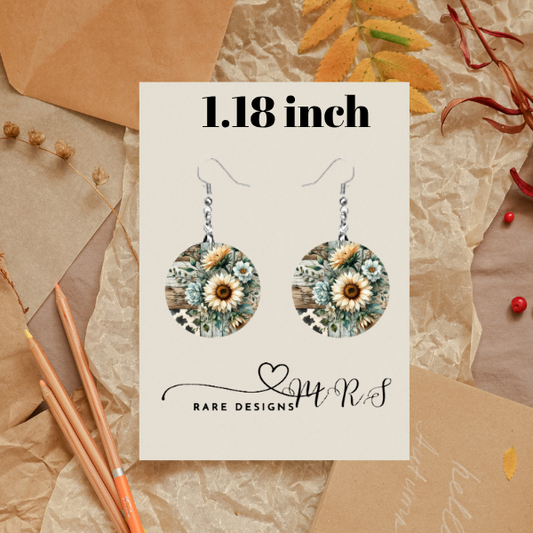 Rustic Sunflower Patchwork Round Earrings — 1.18″ Discs