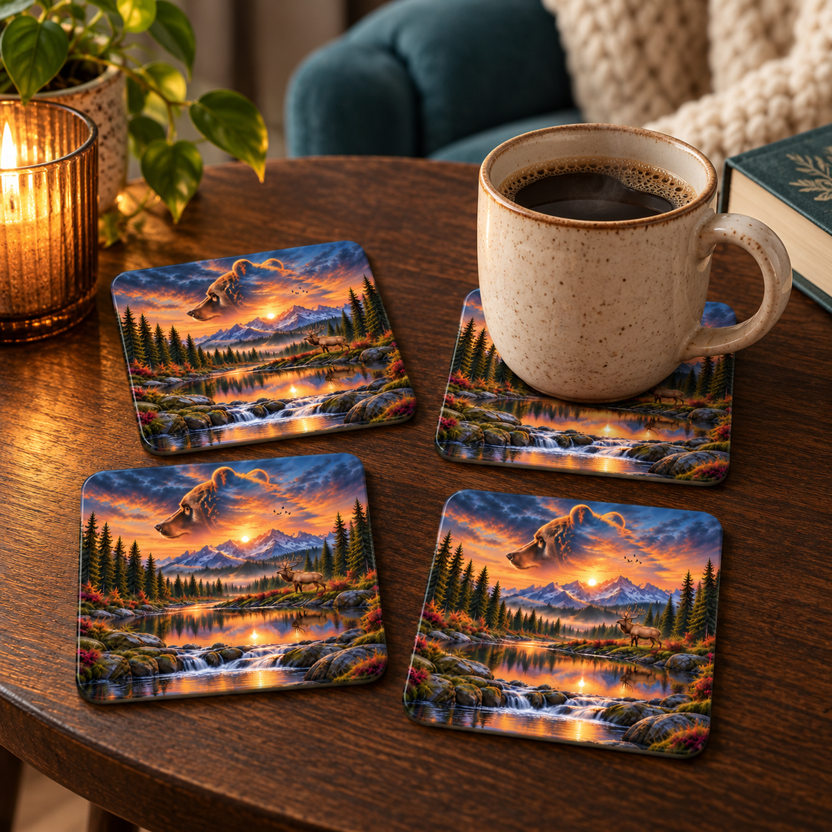 Bear Valley Sunset Square Glass Coasters – Set of 4