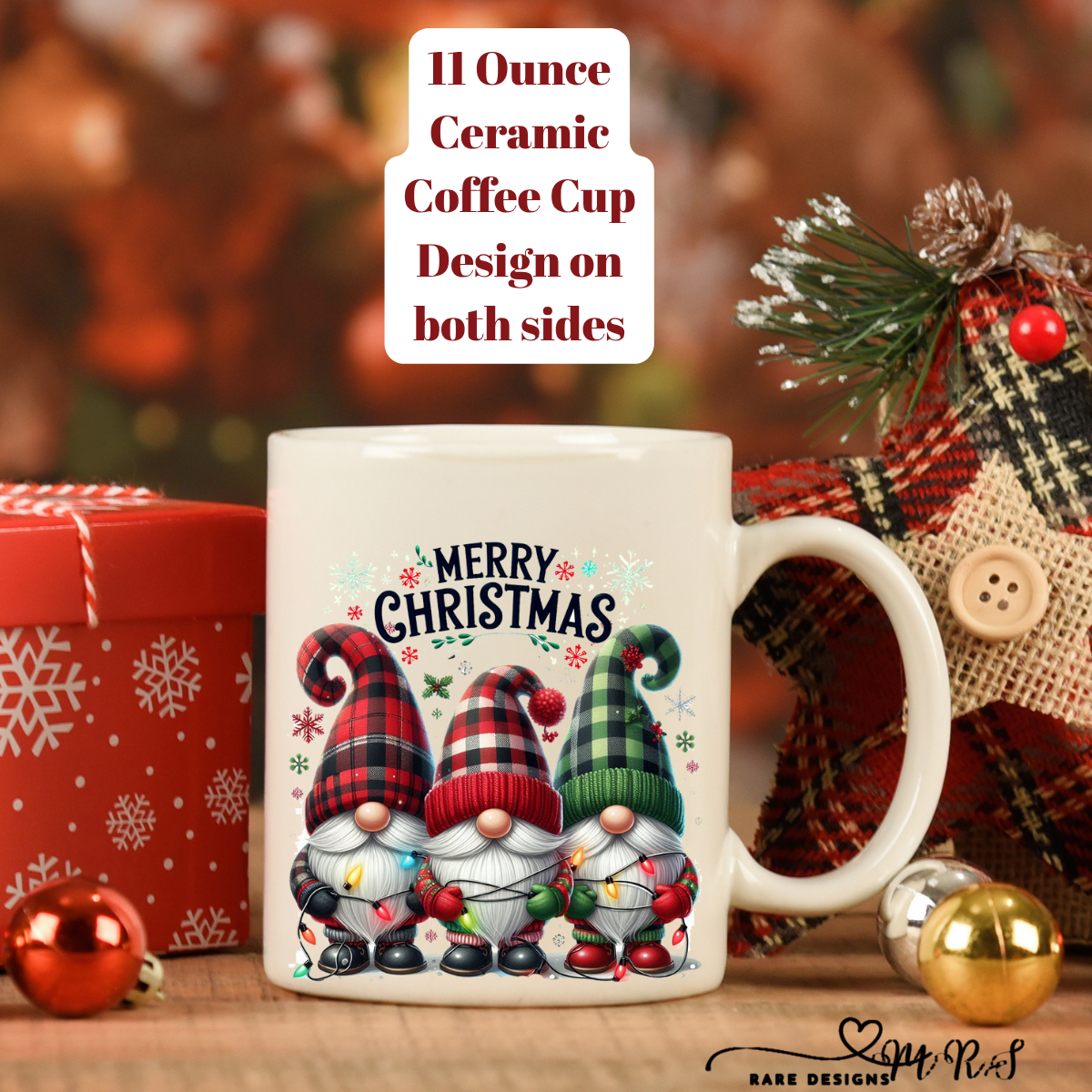 Plaid Hat Gnomes “Merry Christmas” Ceramic Mug — 11 oz, Double-Sided Print