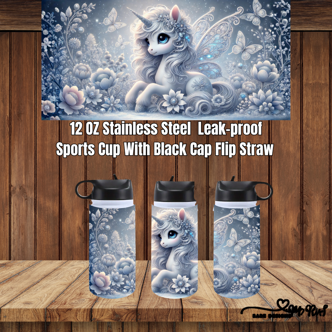 Enchanted Unicorn Garden – 12 oz Stainless Steel Leak-Proof Sports Cup (Black Flip-Straw Cap)