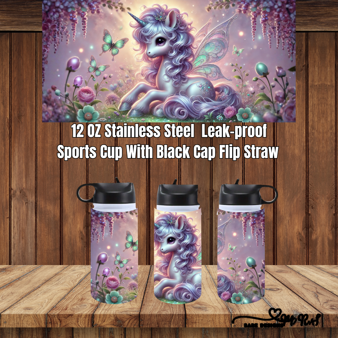 Enchanted Unicorn Garden – 12 oz Stainless Steel Leak-Proof Sports Cup (Black Flip-Straw Cap)