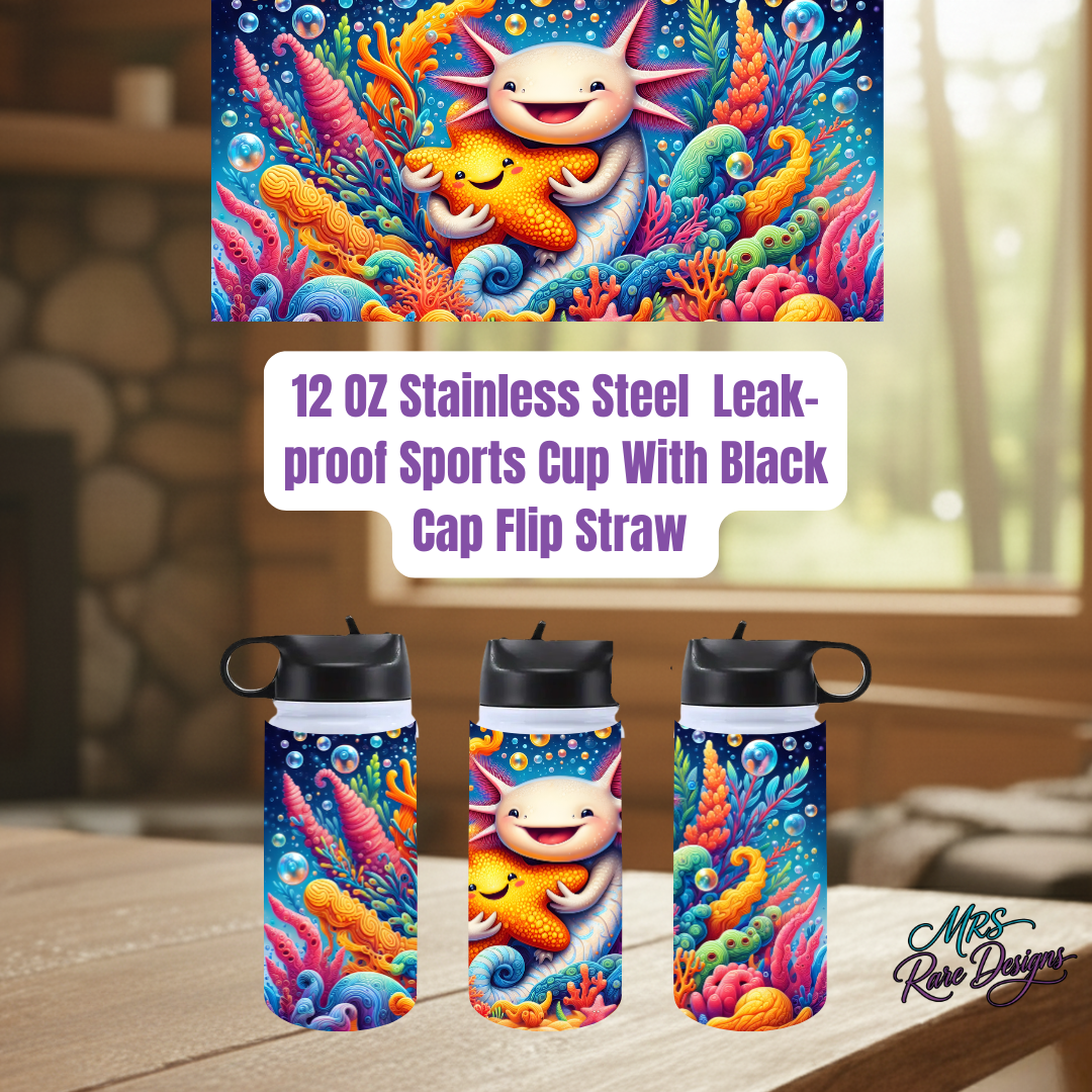 Undersea Axolotl Adventure 12oz Stainless Steel Leak-Proof Sports Cup with Black Cap Flip Straw