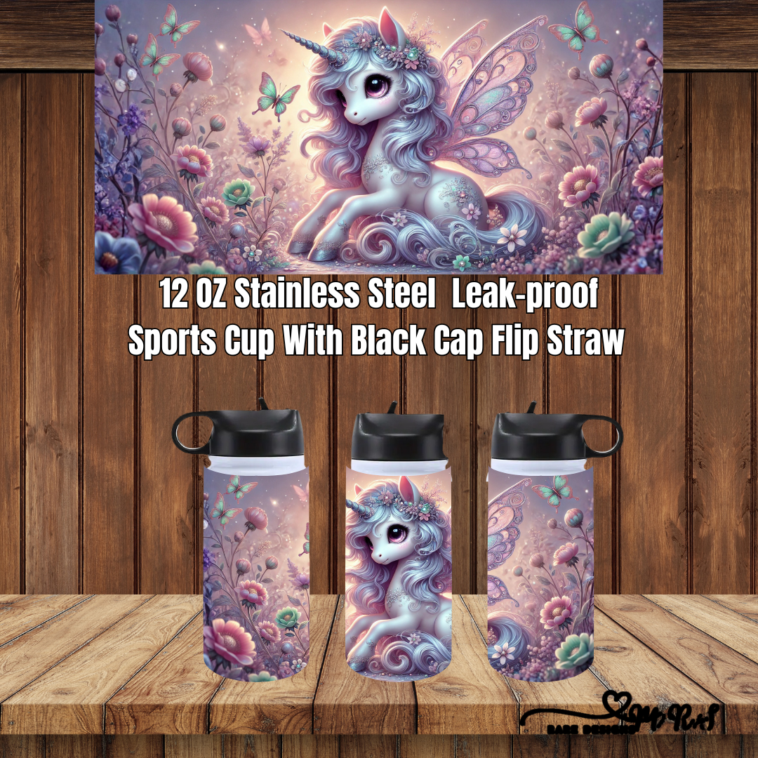 Enchanted Unicorn Garden – 12 oz Stainless Steel Leak-Proof Sports Cup (Black Flip-Straw Cap)