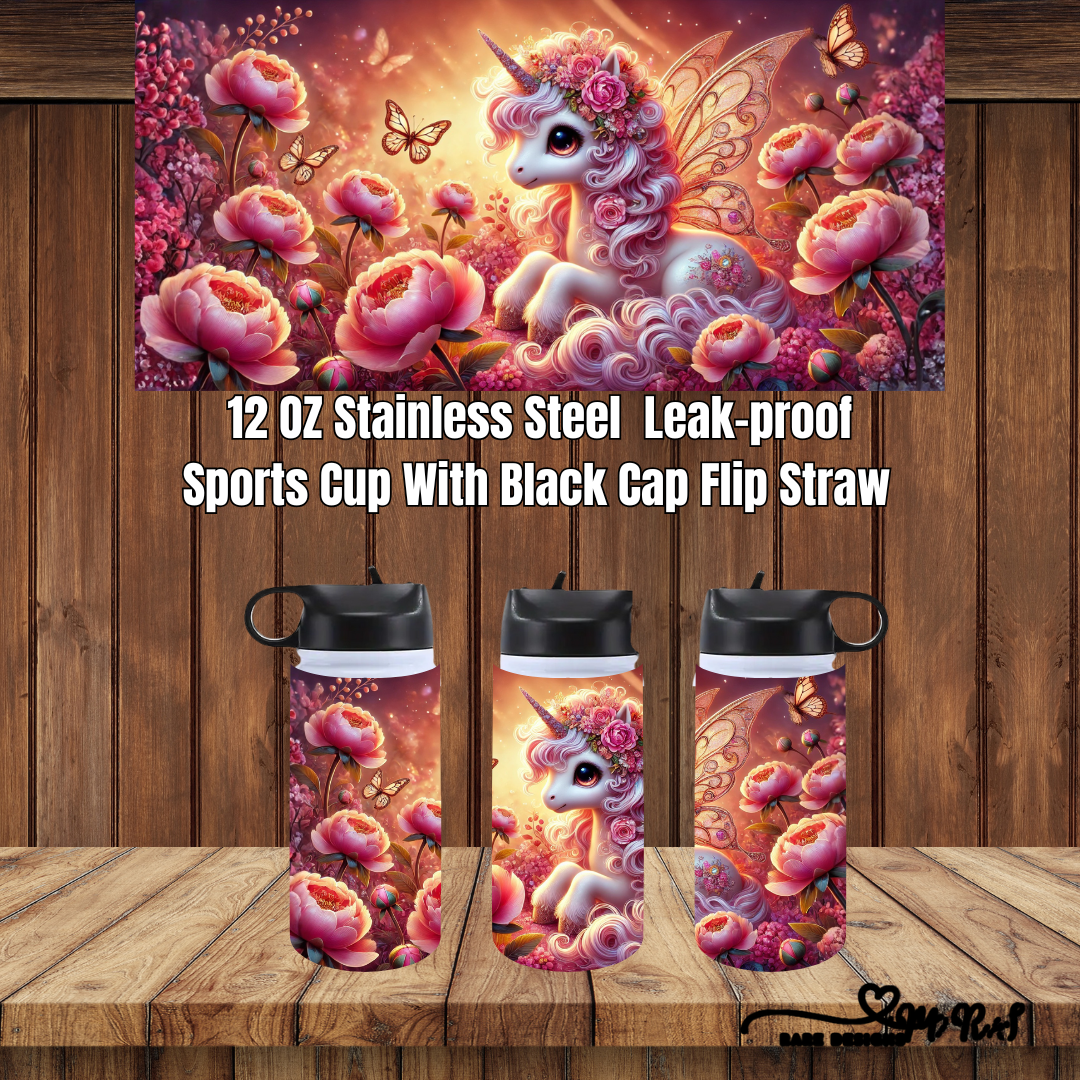 Enchanted Unicorn Garden – 12 oz Stainless Steel Leak-Proof Sports Cup (Black Flip-Straw Cap)