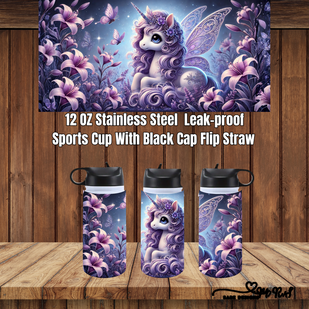 Enchanted Unicorn Garden – 12 oz Stainless Steel Leak-Proof Sports Cup (Black Flip-Straw Cap)