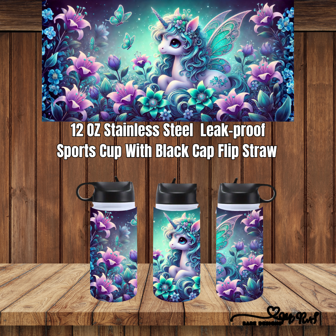 Enchanted Unicorn Garden – 12 oz Stainless Steel Leak-Proof Sports Cup (Black Flip-Straw Cap)