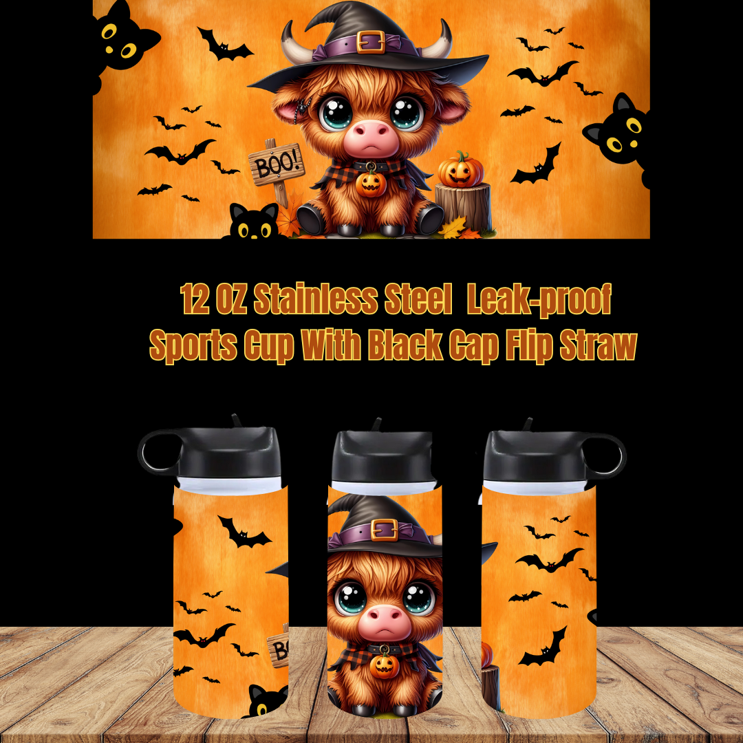 Spooky Highland Cow Sports Cup Collection – 12 oz Stainless Steel Leak-Proof