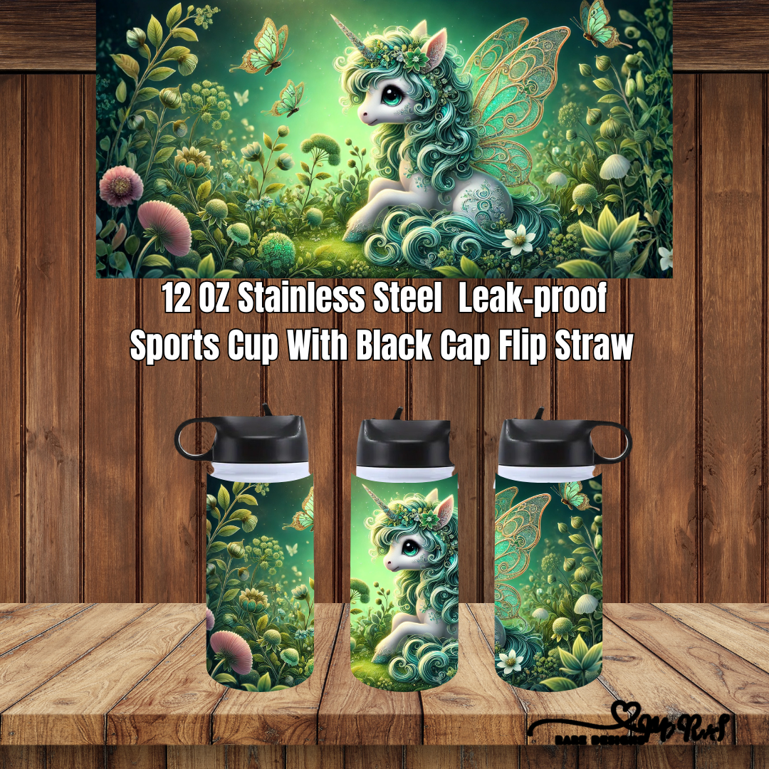 Enchanted Unicorn Garden – 12 oz Stainless Steel Leak-Proof Sports Cup (Black Flip-Straw Cap)