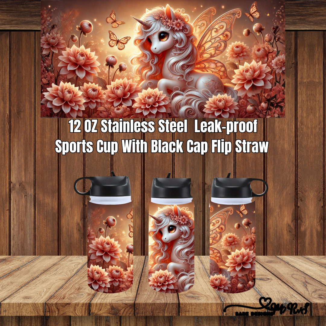Enchanted Unicorn Garden – 12 oz Stainless Steel Leak-Proof Sports Cup (Black Flip-Straw Cap)
