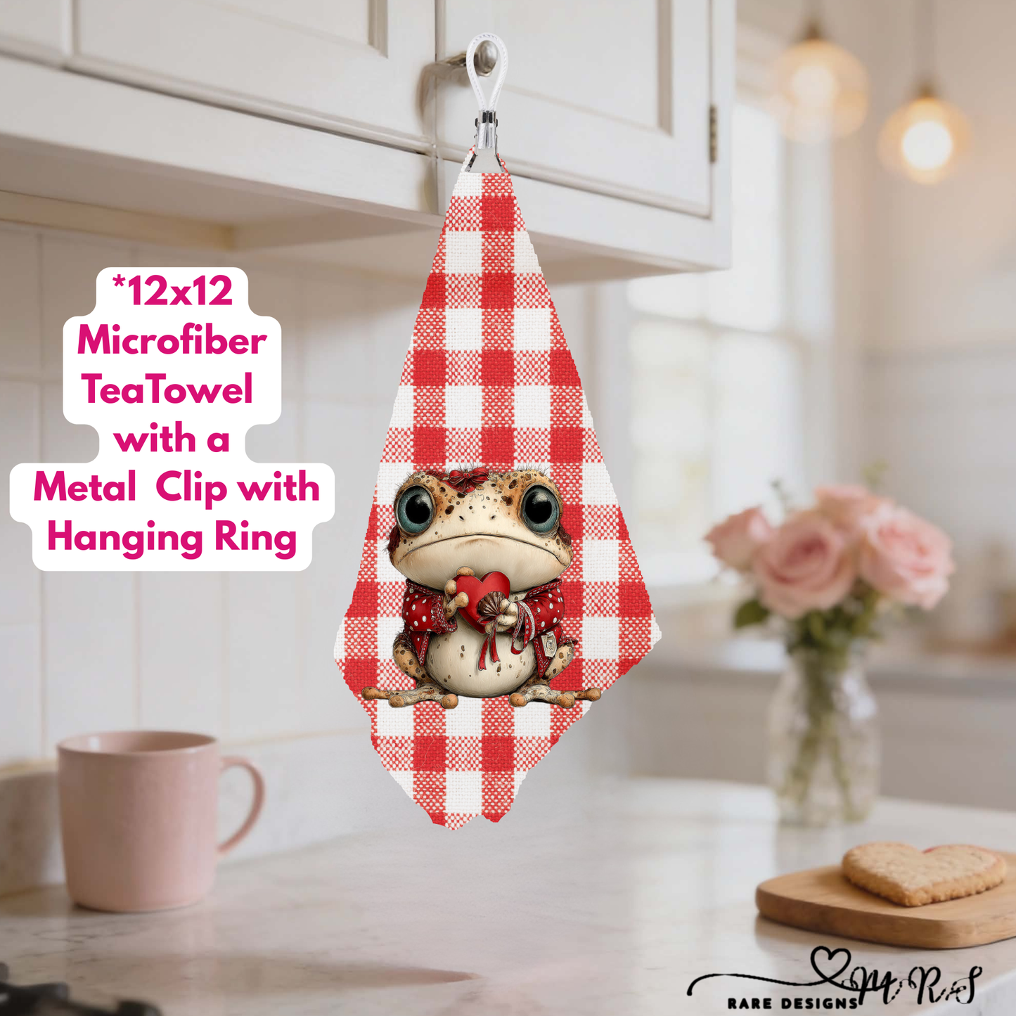 Whimsical Love Frogs – 12x12 Microfiber Tea Towel Collection with Metal Clip & Hanging Ring