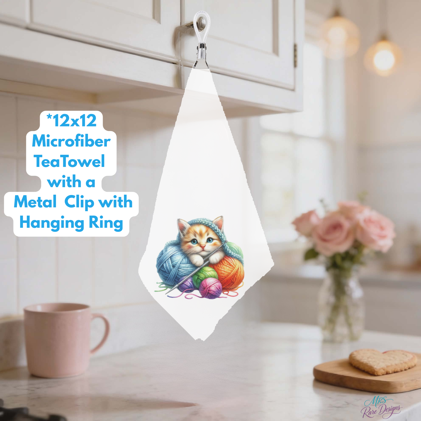 Knitting Kittens Microfiber Tea Towel Collection – 12x12 Decorative Kitchen Towels with Metal Clip & Hanging Ring