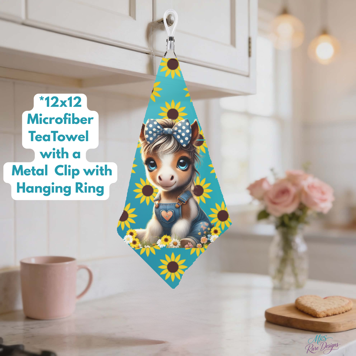 Cute Baby Donkey 12x12 Microfiber Tea Towel with Metal Clip – Sunflower Farmhouse Hanging Towel