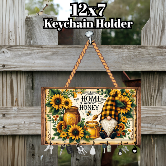 Home Is Where My Honey™ — 12×7 Keychain Holder (Sunflower Gnome Wall Organizer)