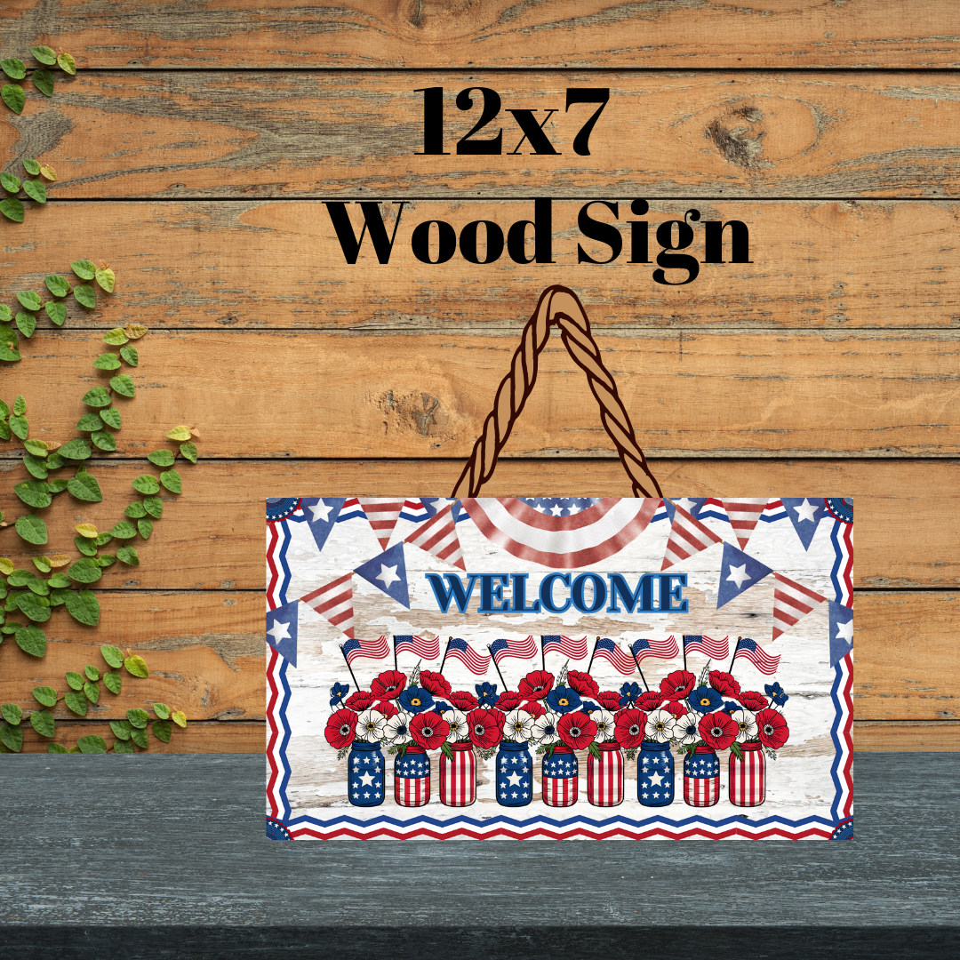 Patriotic Floral Welcome Wood Sign | 12x7