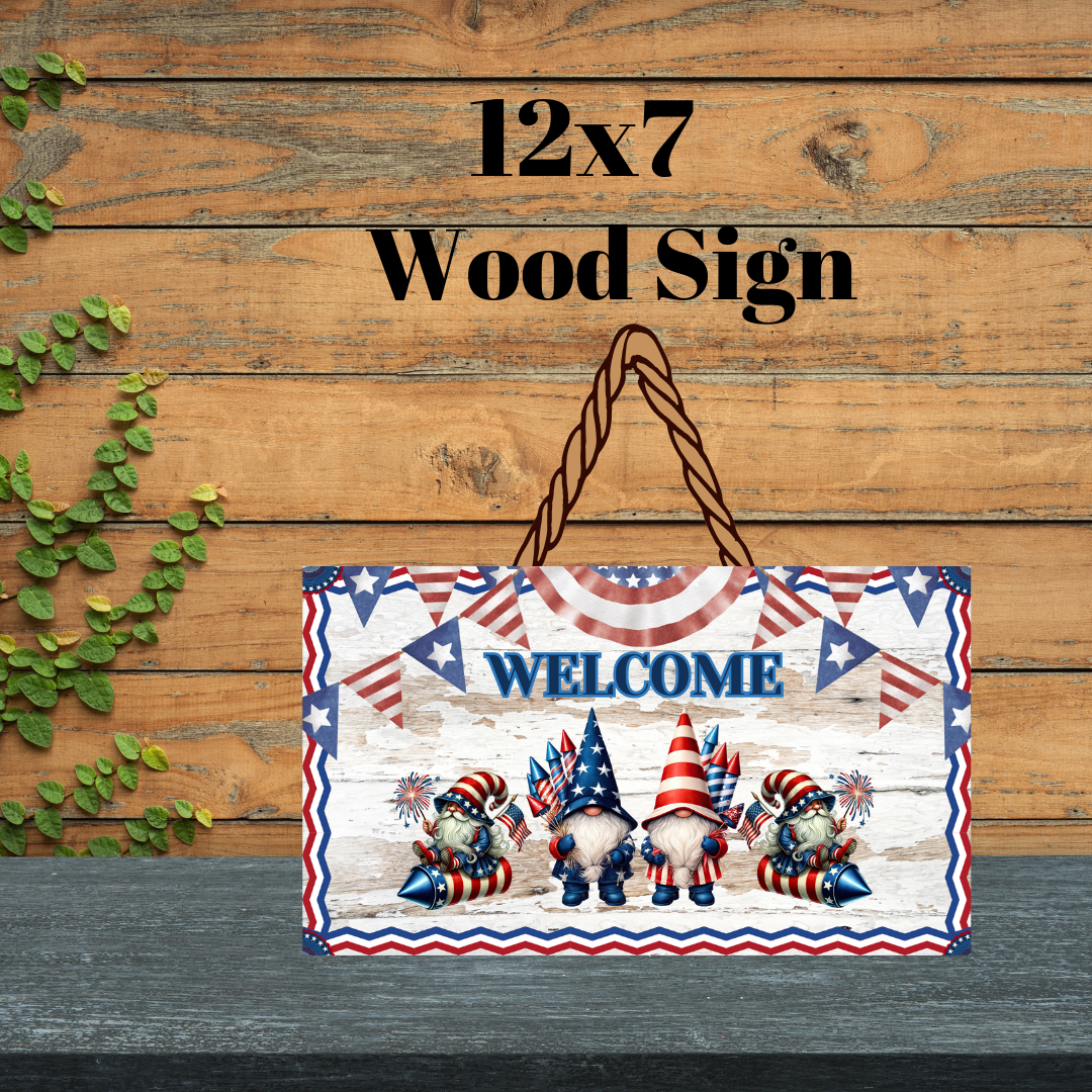 Patriotic Gnome Welcome Wood Sign Collection | 12x7