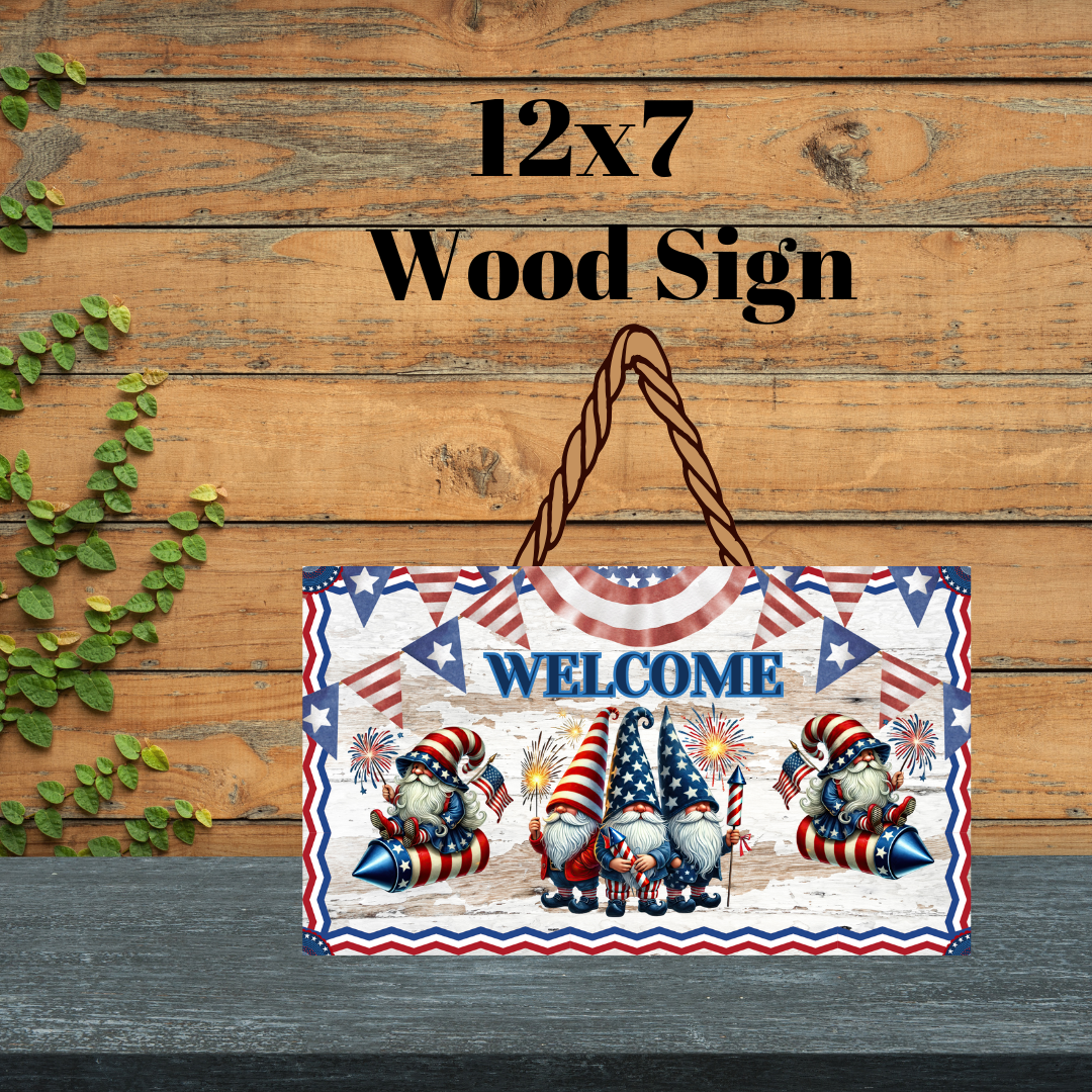 Patriotic Gnome Welcome Wood Sign Collection | 12x7