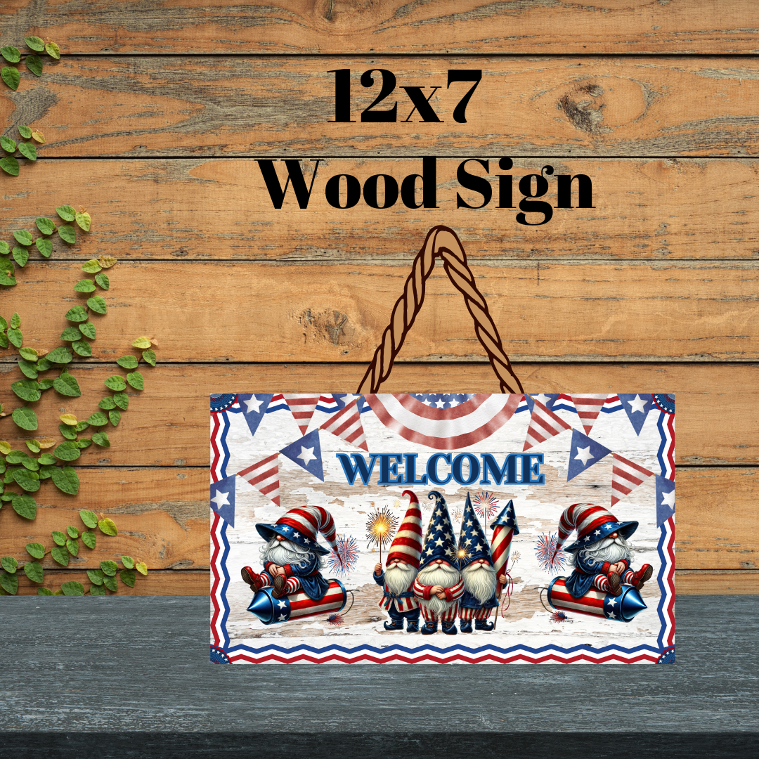 Patriotic Gnome Welcome Wood Sign Collection | 12x7