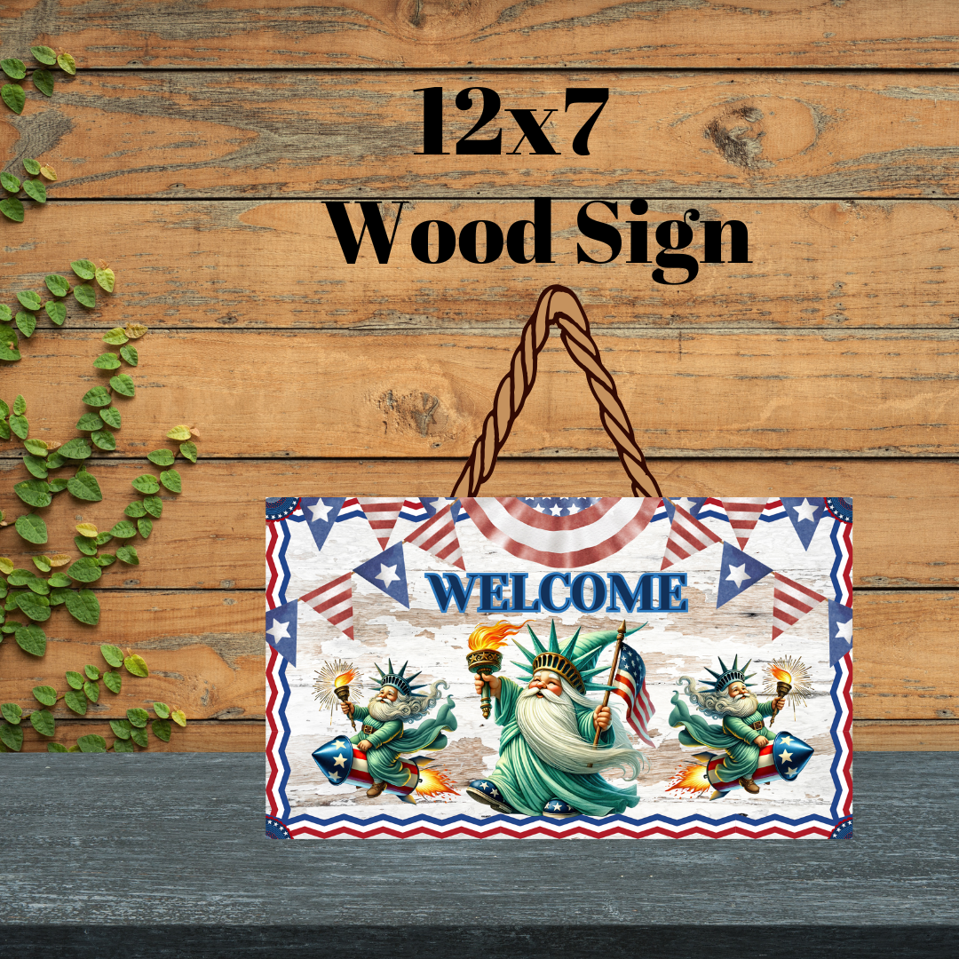 Statue of Liberty Gnome Welcome Wood Sign Collection | 12x7