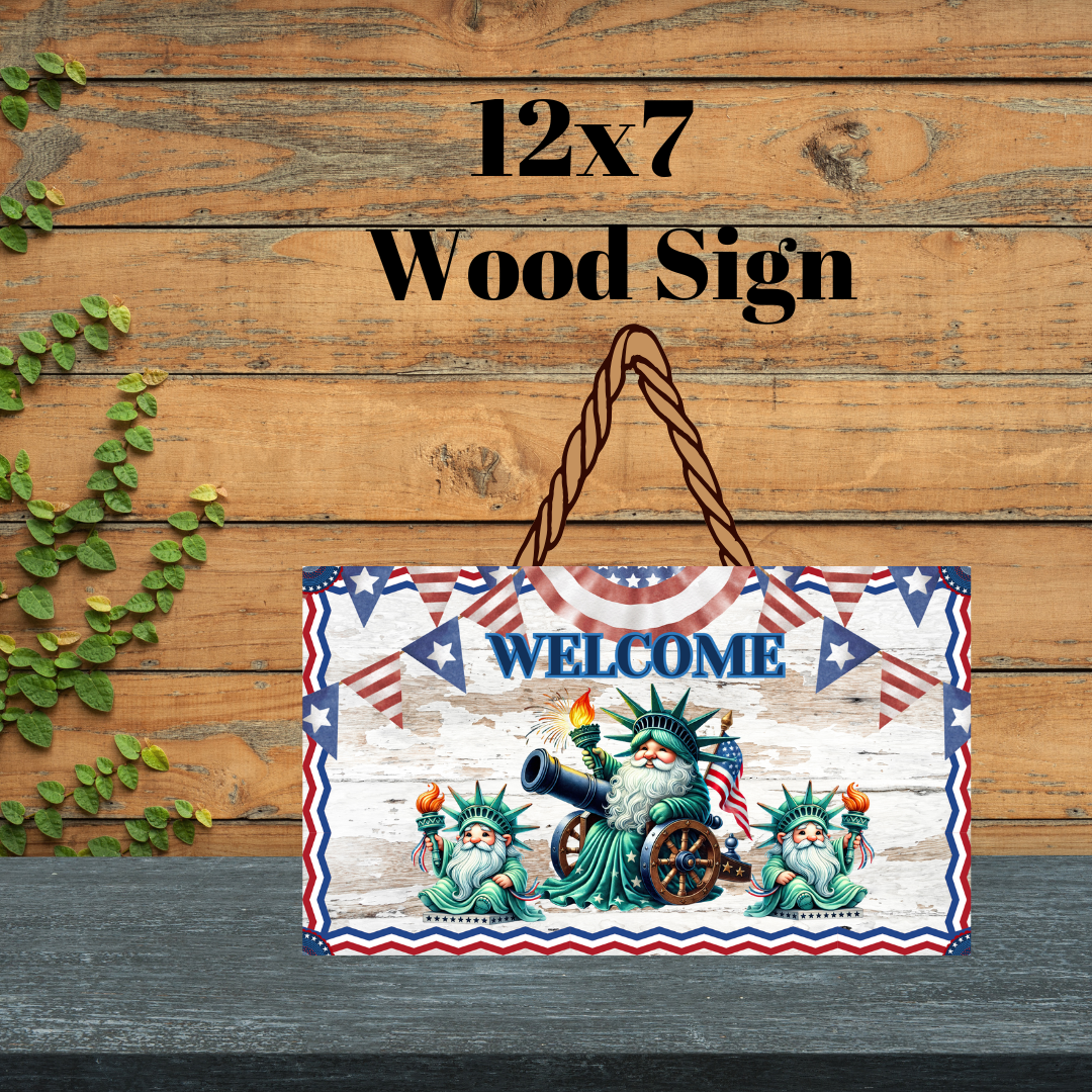 Statue of Liberty Gnome Welcome Wood Sign Collection | 12x7
