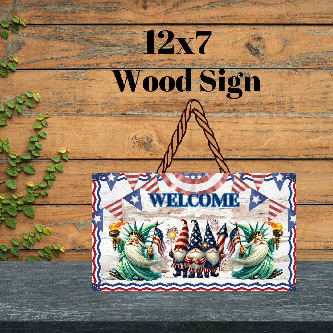 Statue of Liberty Gnome Welcome Wood Sign Collection | 12x7