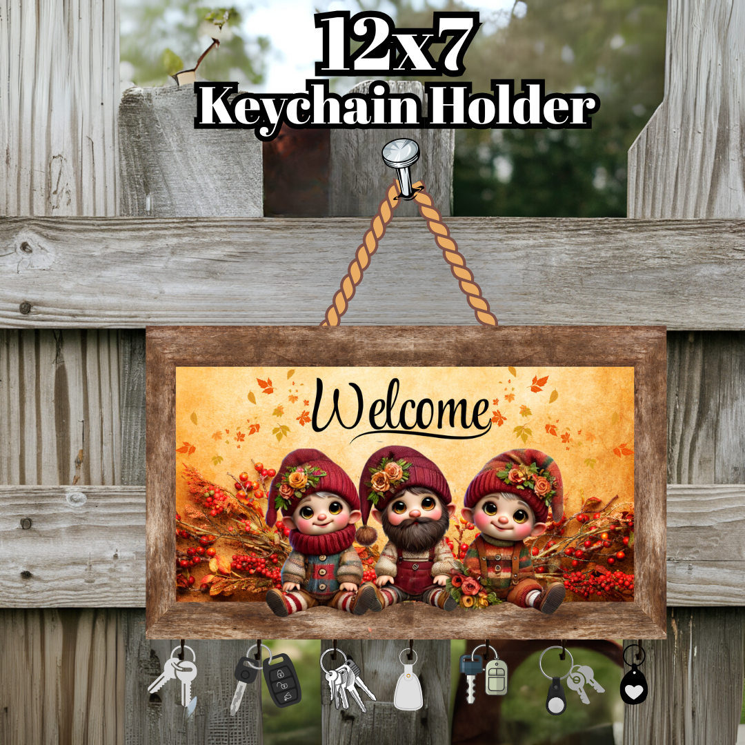 12x7 Autumn Gnome Welcome Keychain Holder – Rustic Fall Wall Organizer