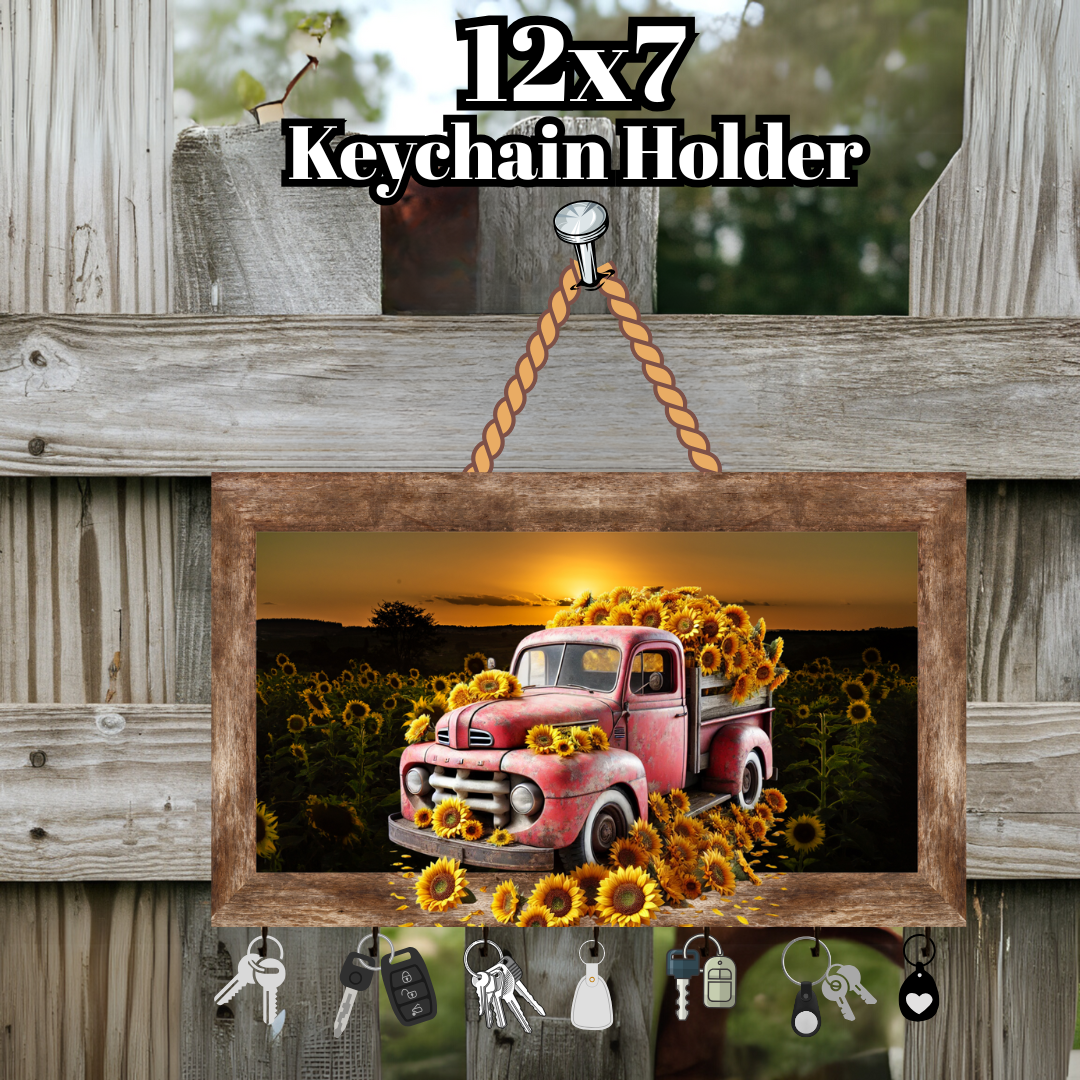 Rustic Sunflower Truck Keychain Holders – 12x7 Farmhouse Wall Décor