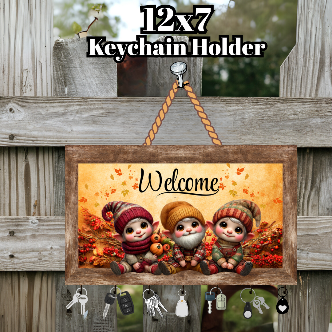 12x7 Autumn Gnome Welcome Keychain Holder – Rustic Fall Wall Organizer