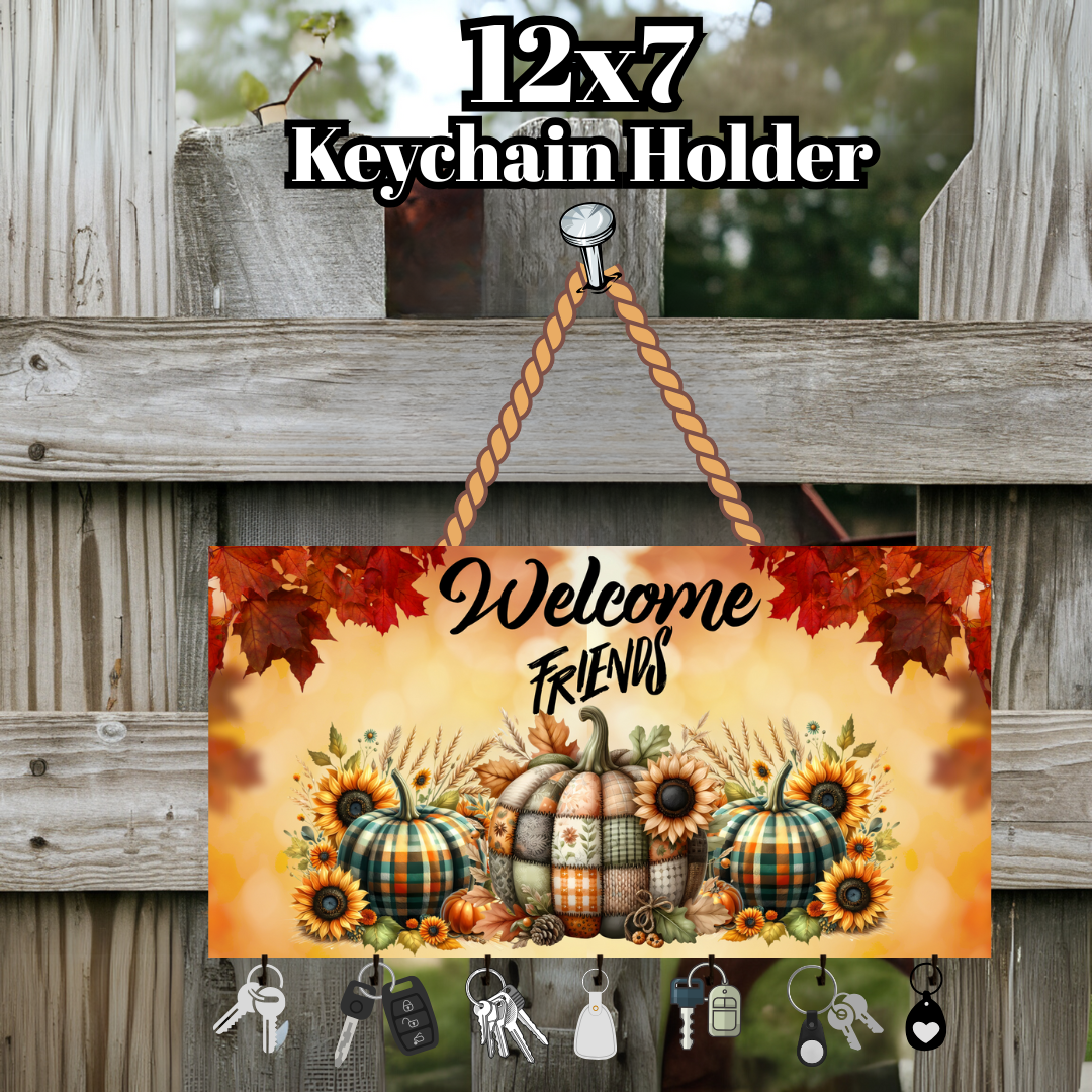 Welcome Friends Fall Pumpkin Keychain Holder – 12x7 Wall Organizer