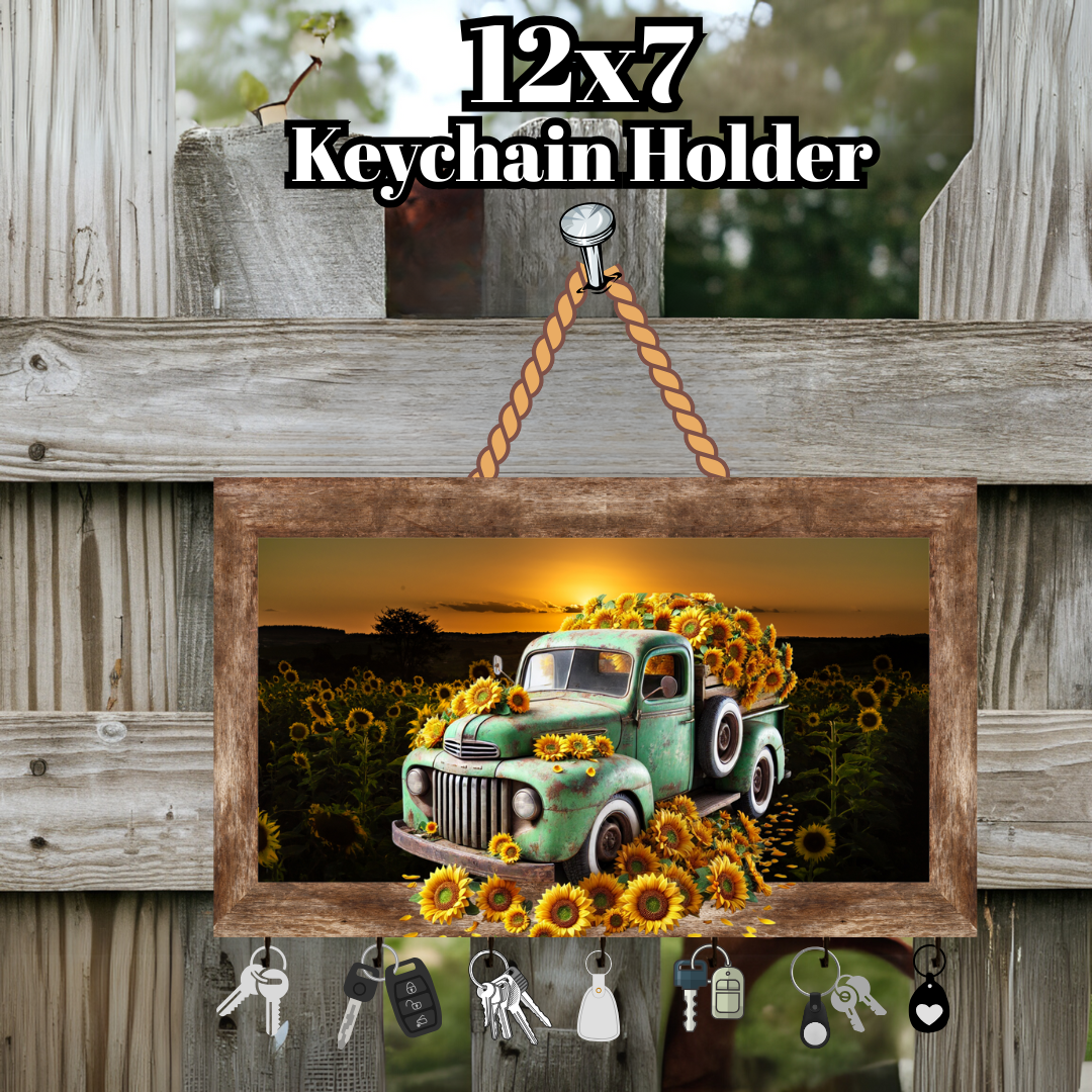 Rustic Sunflower Truck Keychain Holders – 12x7 Farmhouse Wall Décor