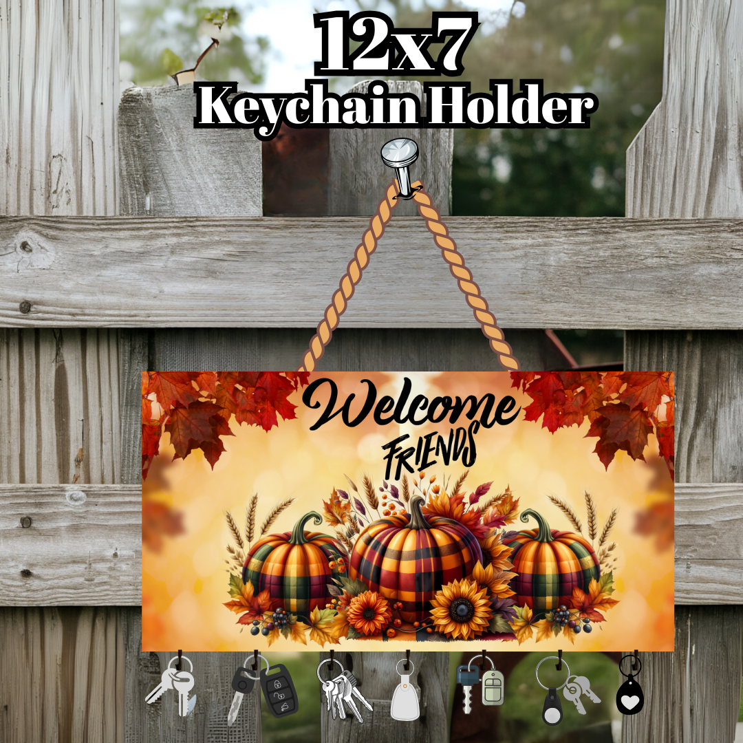 Welcome Friends Fall Pumpkin Keychain Holder – 12x7 Wall Organizer