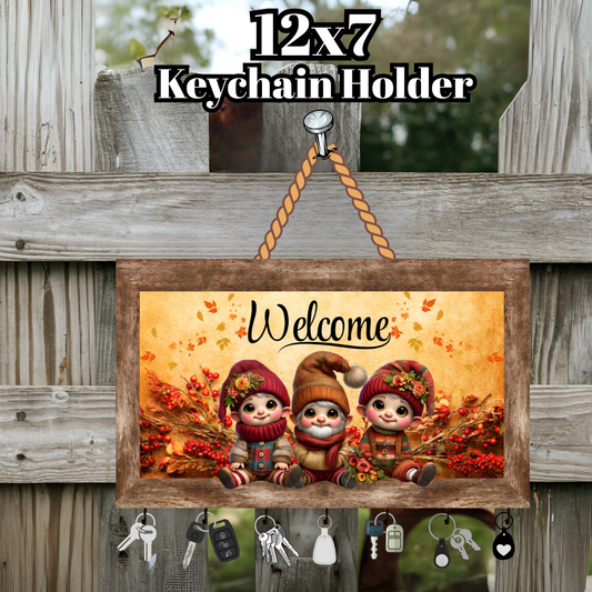 12x7 Autumn Gnome Welcome Keychain Holder – Rustic Fall Wall Organizer