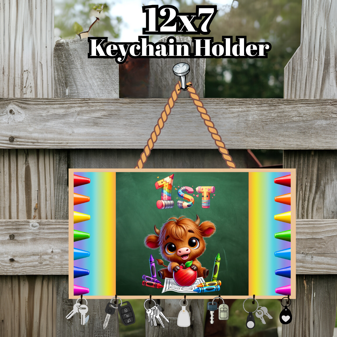 Back-to-School Highland Cow Keychain Holder Collection – Pre-K through 5th Grade (12x7 Wood)