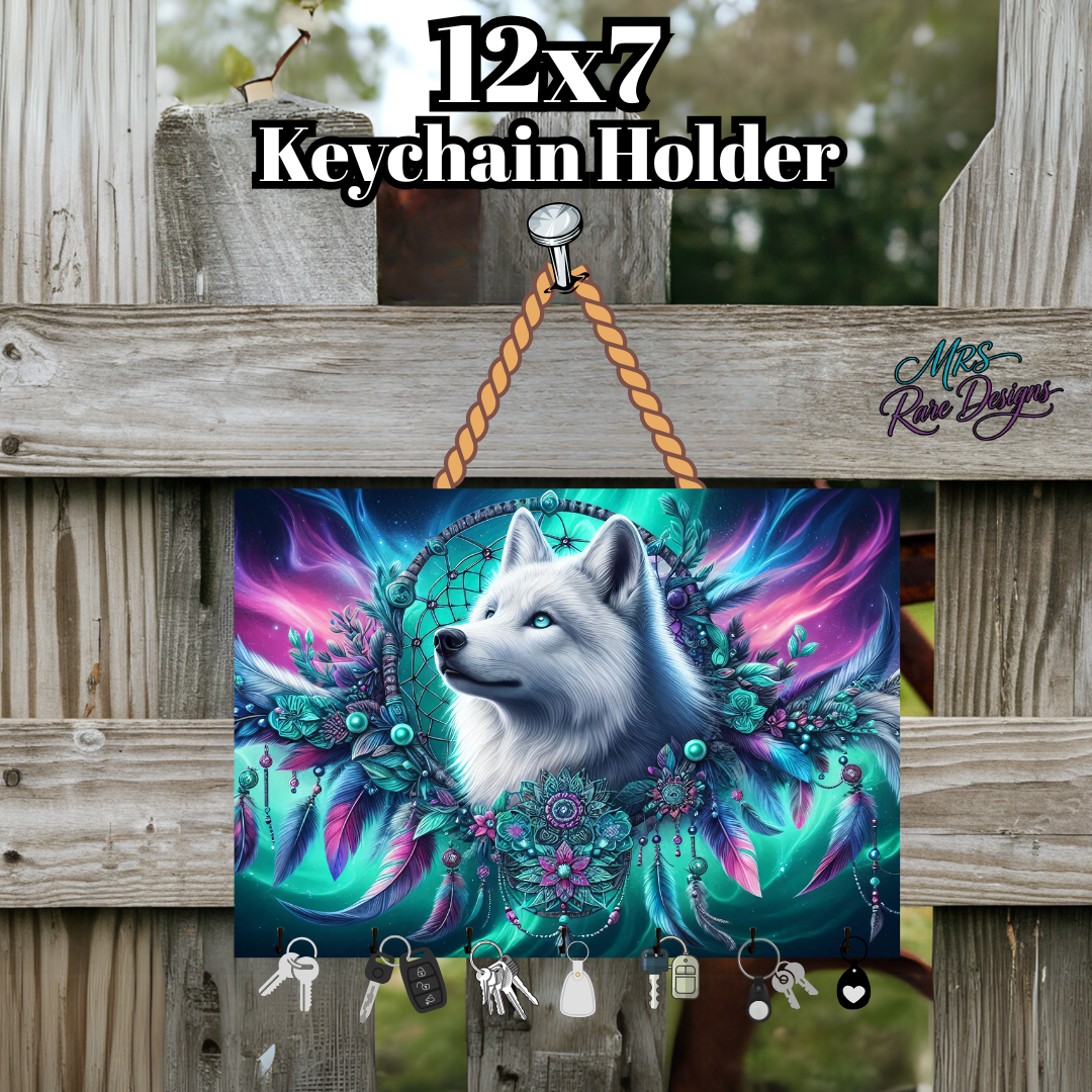 Arctic Spirit Wolf Dreamcatcher Keychain Holder – 12x7 Wooden Boho Wall Organizer