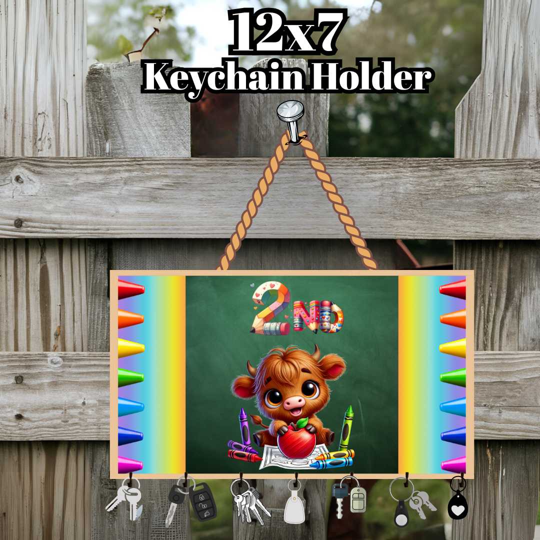 Back-to-School Highland Cow Keychain Holder Collection – Pre-K through 5th Grade (12x7 Wood)