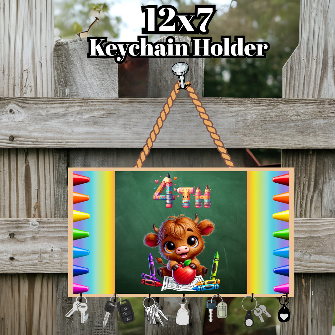 Back-to-School Highland Cow Keychain Holder Collection – Pre-K through 5th Grade (12x7 Wood)