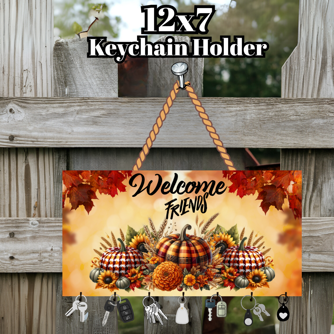 Welcome Friends Fall Pumpkin Keychain Holder – 12x7 Wall Organizer