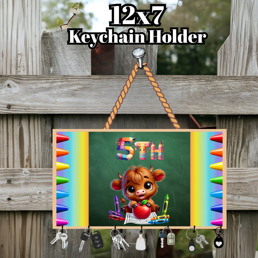 Back-to-School Highland Cow Keychain Holder Collection – Pre-K through 5th Grade (12x7 Wood)