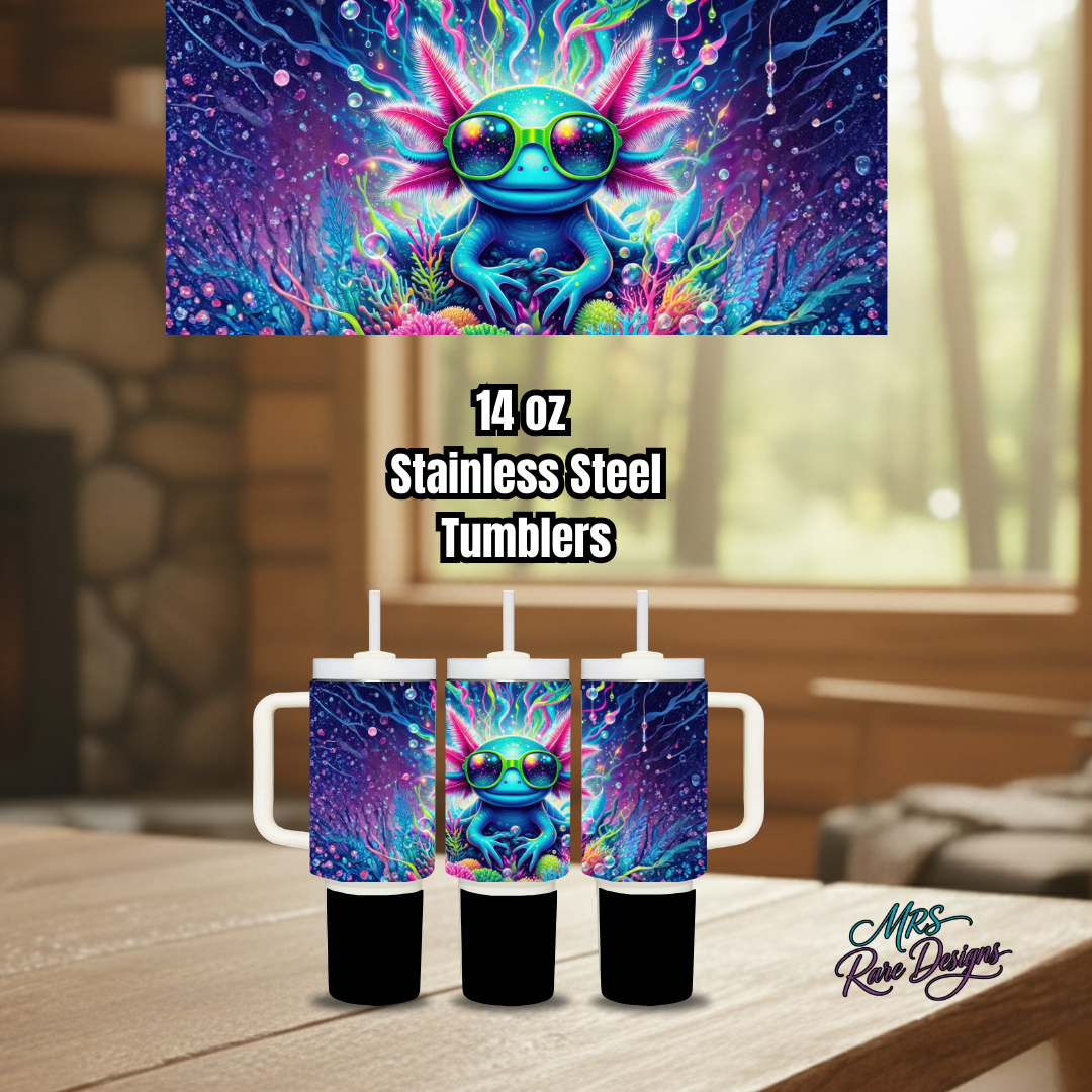 Fun axolotl kids tumbler 14oz stainless steel with straw and handle. Durable, colorful, and perfect for school or travel drinks.