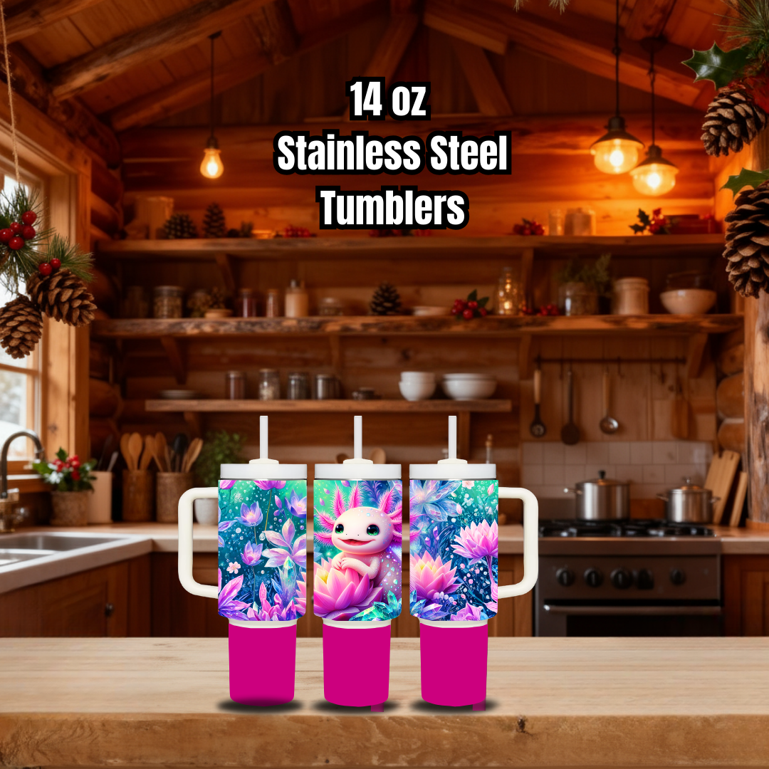 Axolotl Lotus Bloom & Sapphire Crystal 14oz Stainless Steel Tumbler Set