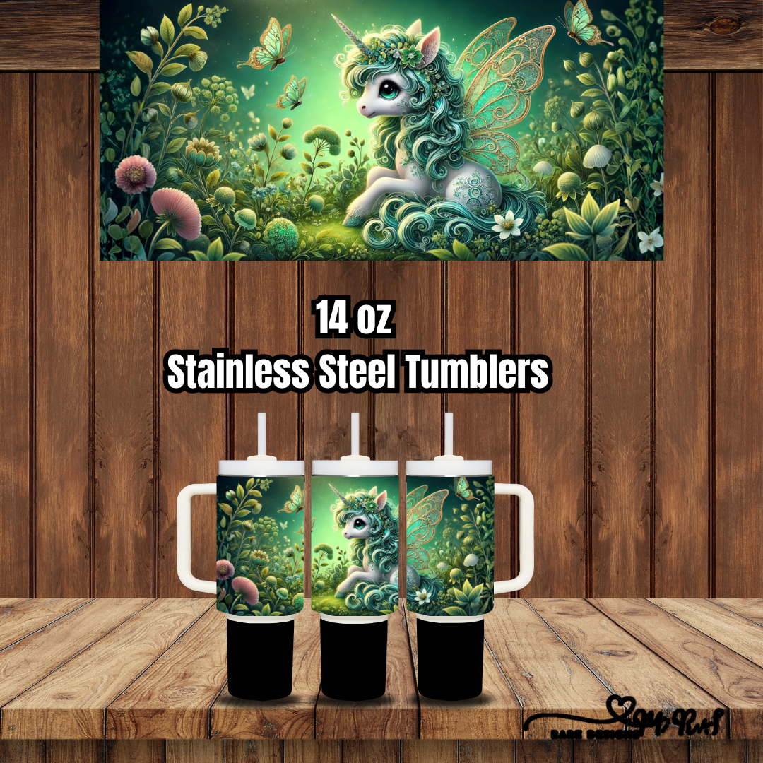 Enchanted Unicorn Garden – 14 oz Kids Stainless Steel Tumbler Collection (Handled + Straw)
