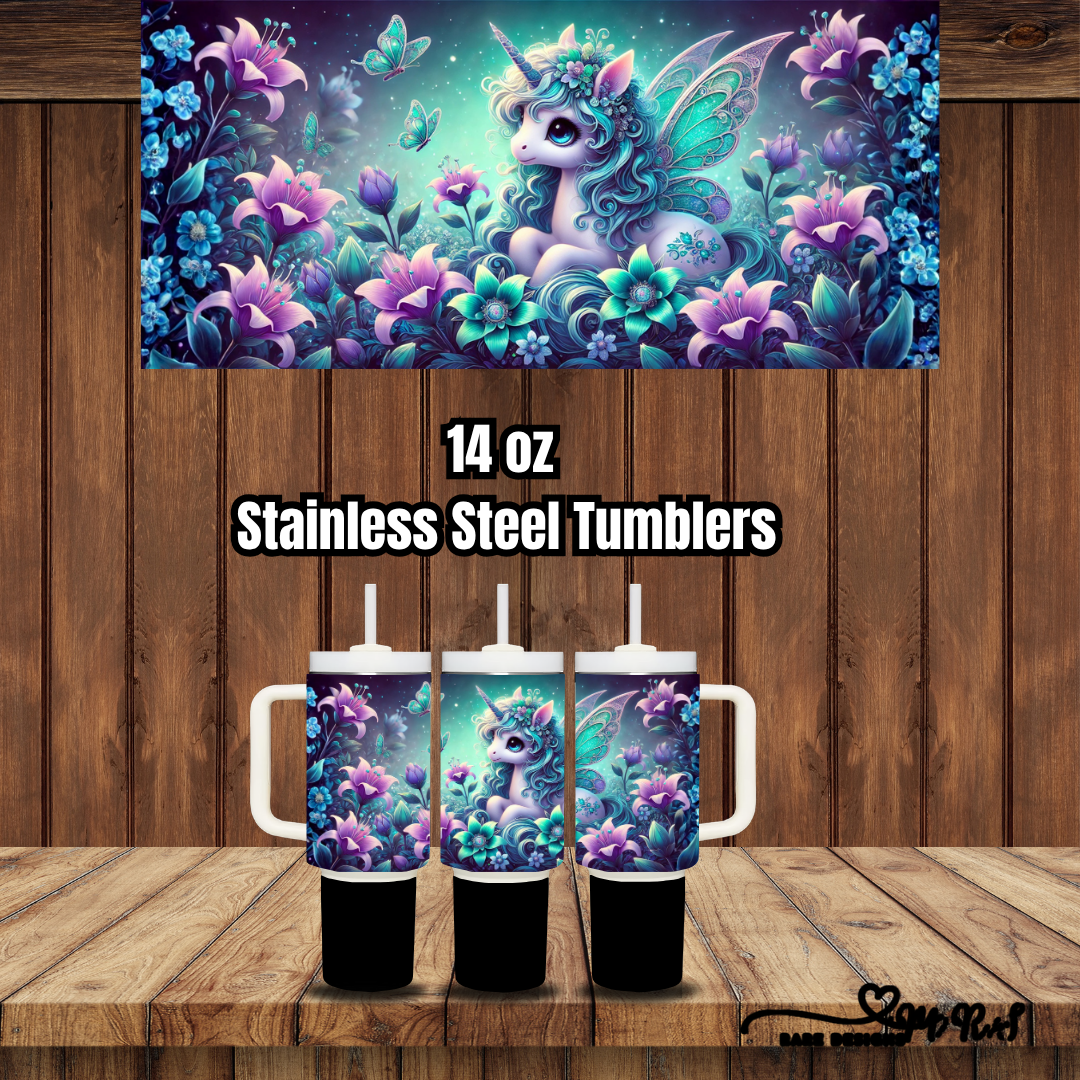 Enchanted Unicorn Garden – 14 oz Kids Stainless Steel Tumbler Collection (Handled + Straw)