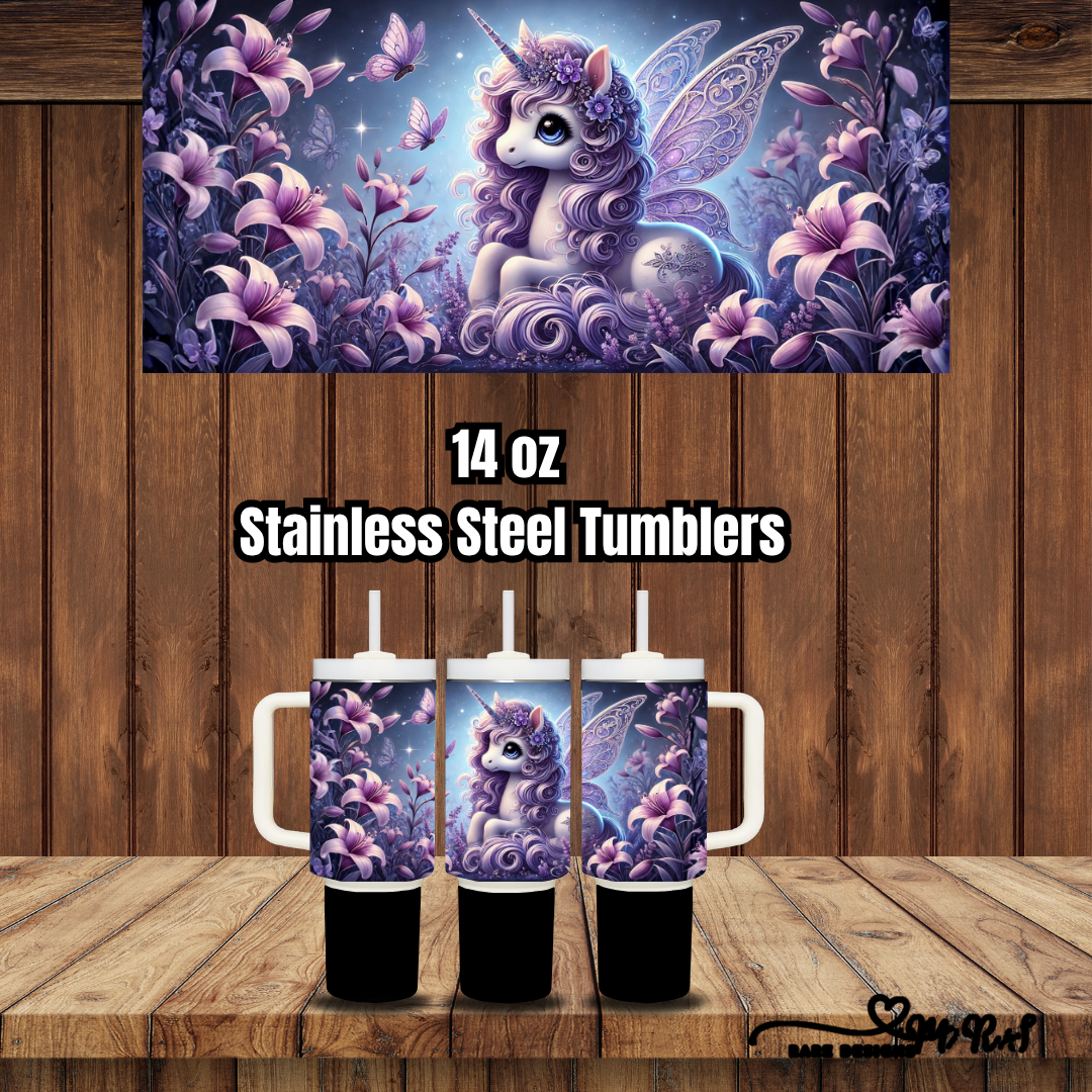 Enchanted Unicorn Garden – 14 oz Kids Stainless Steel Tumbler Collection (Handled + Straw)