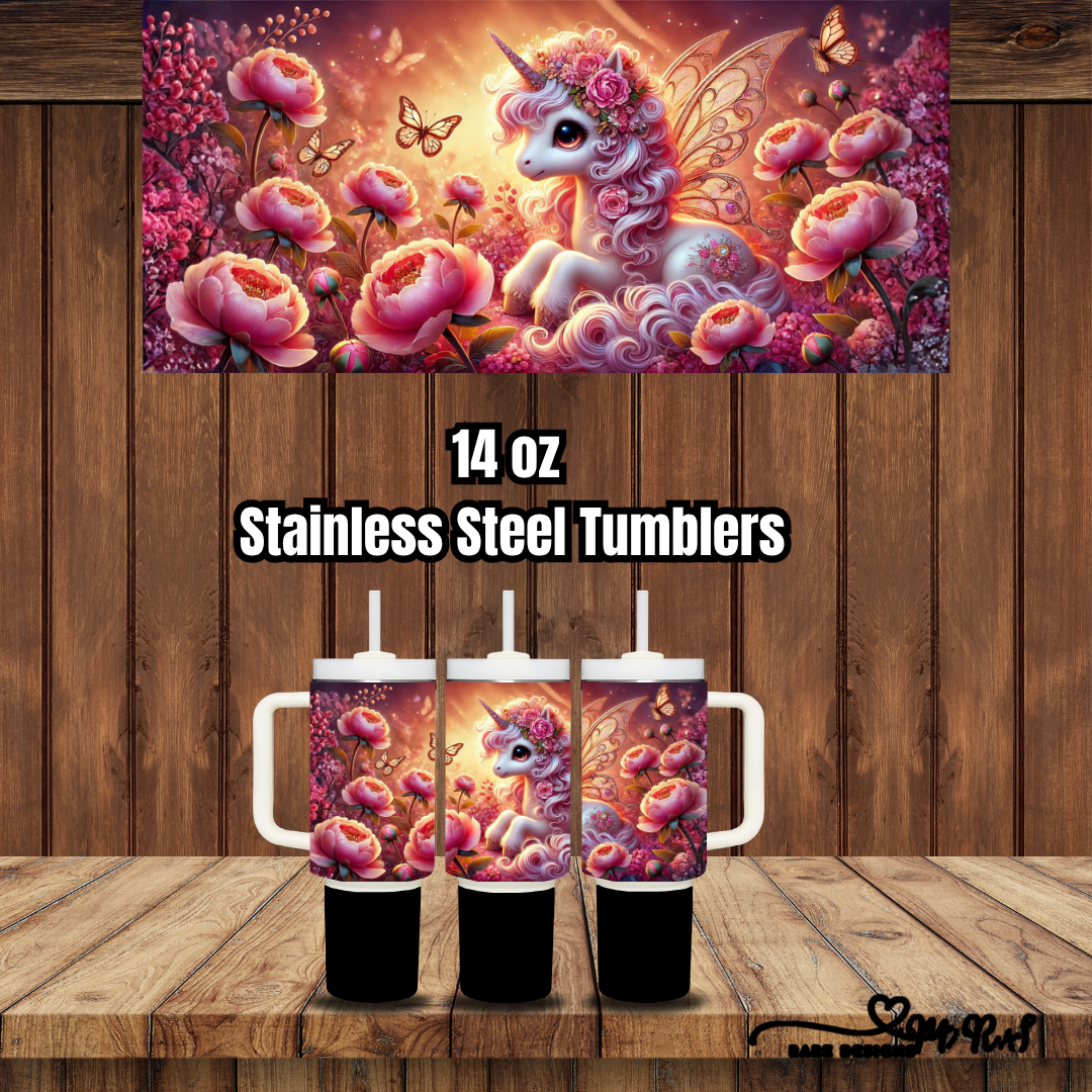 Enchanted Unicorn Garden – 14 oz Kids Stainless Steel Tumbler Collection (Handled + Straw)