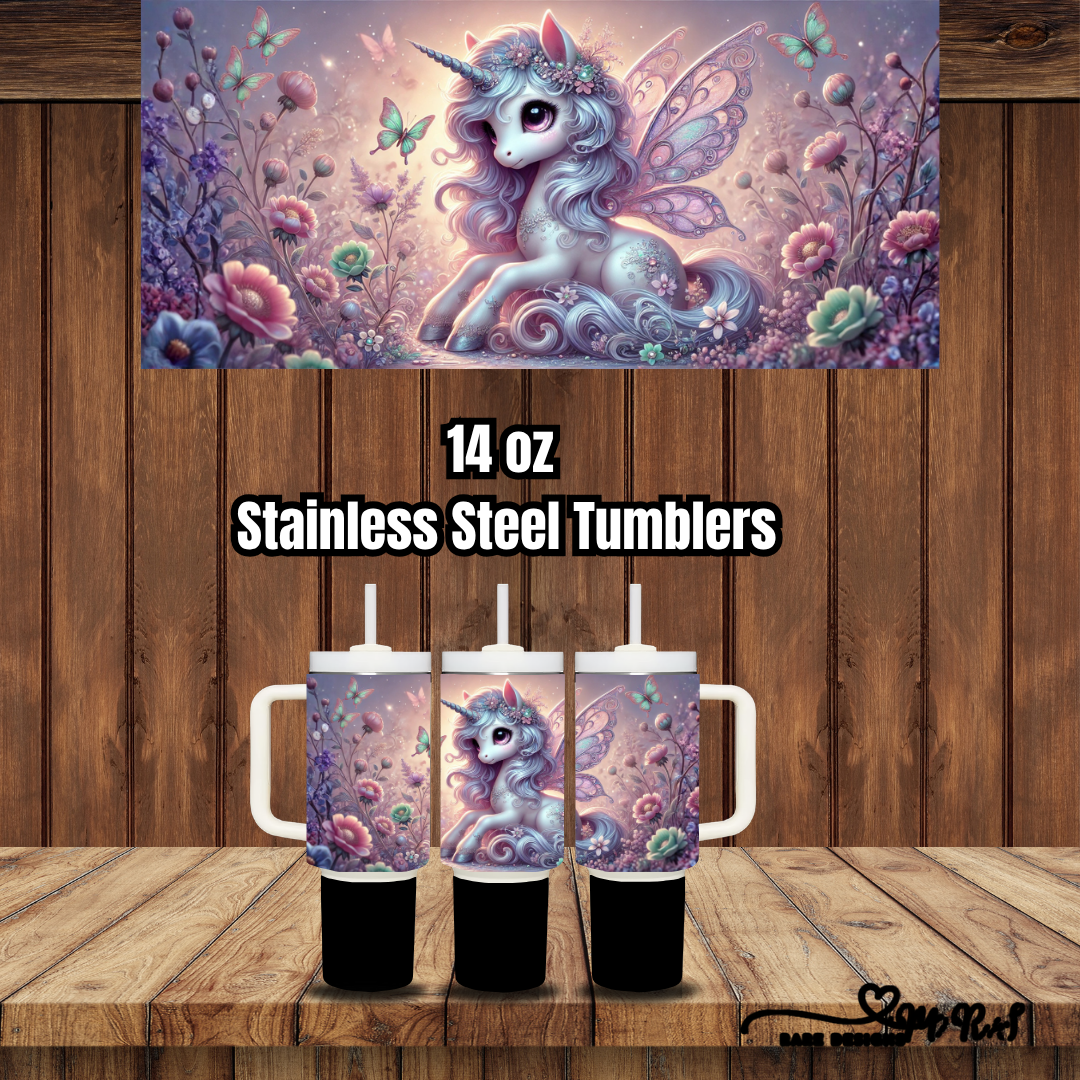 Enchanted Unicorn Garden – 14 oz Kids Stainless Steel Tumbler Collection (Handled + Straw)