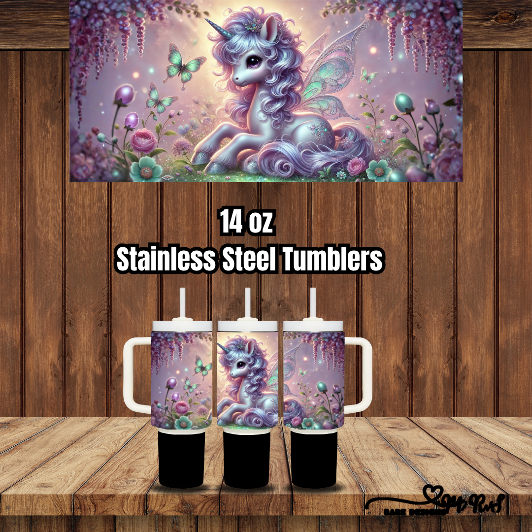 Enchanted Unicorn Garden – 14 oz Kids Stainless Steel Tumbler Collection (Handled + Straw)
