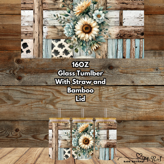 Rustic Sunflower Patchwork 16oz Glass Tumbler — Bamboo Lid + Straw