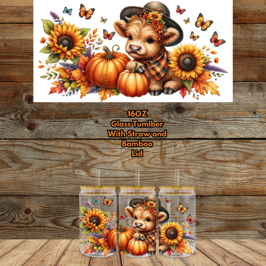 Cozy Highland Cow Fall Glass Can Collection — 16oz (Bamboo Lid + Straw)