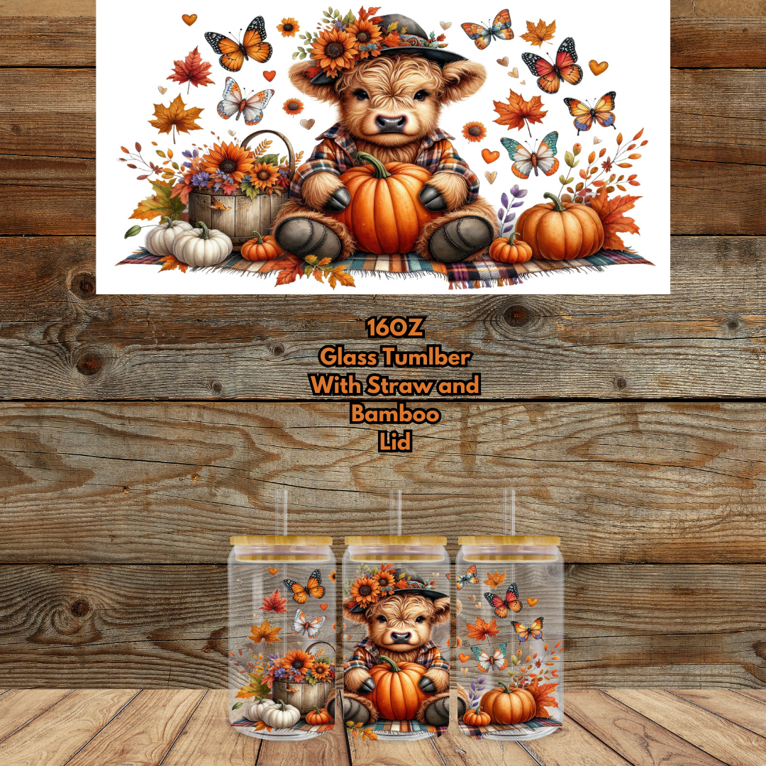 Cozy Highland Cow Fall Glass Can Collection — 16oz (Bamboo Lid + Straw)