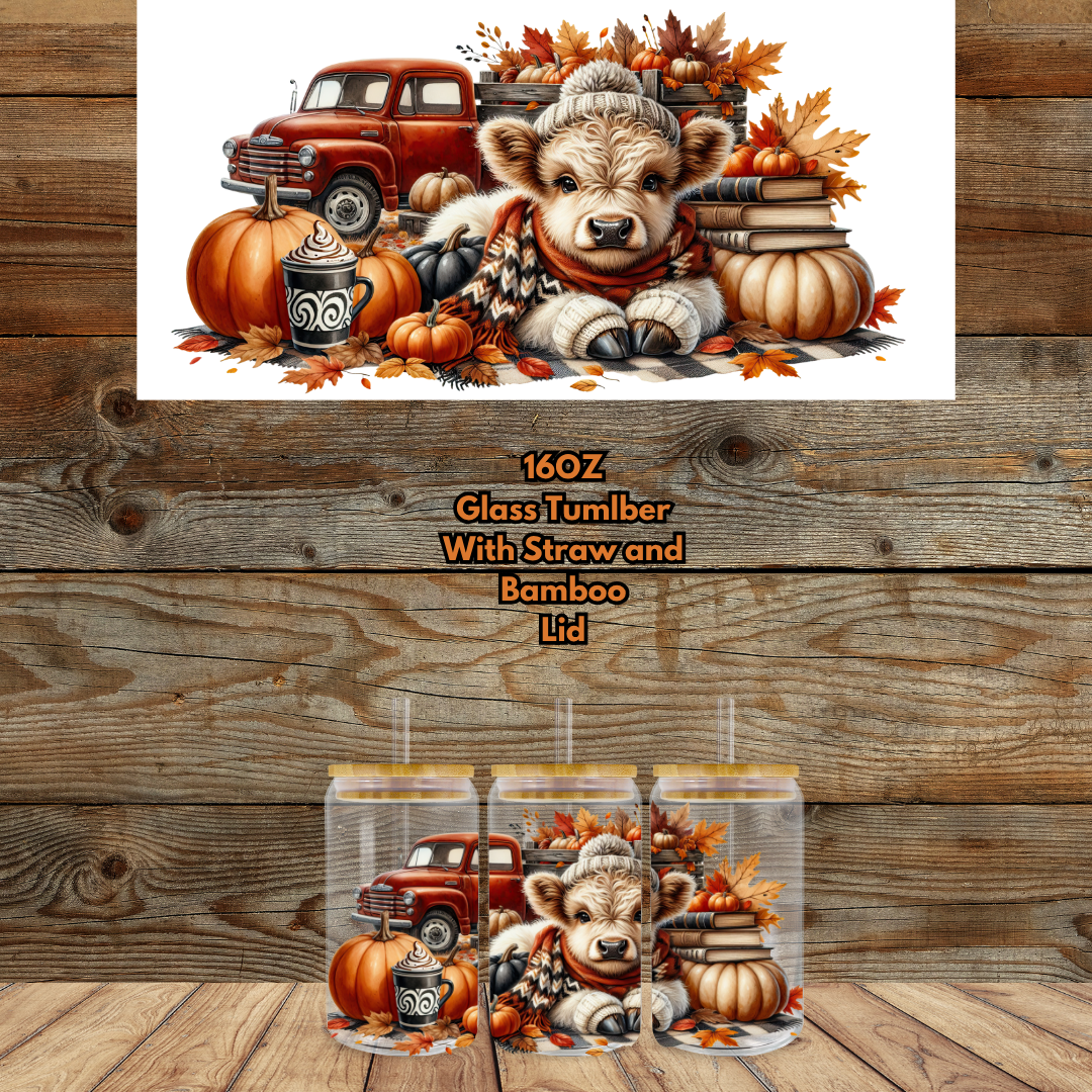 Cozy Highland Cow Fall Glass Can Collection — 16oz (Bamboo Lid + Straw)